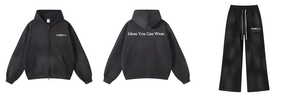 Black hoodie and pants set with text on a white background