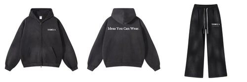 Black hoodie and pants set with text on a white background