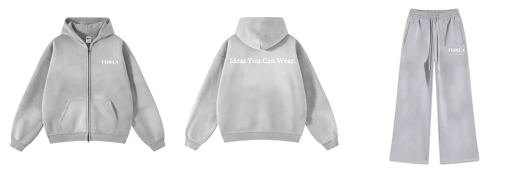 Gray hoodie and pants set with branding on a white background