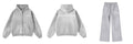 Gray hoodie and pants set with branding on a white background