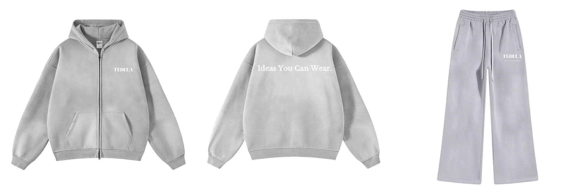 Gray hoodie and pants set with branding on a white background