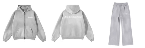 Gray hoodie and pants set with branding on a white background