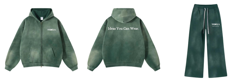 Emerald green hoodie and pants set with text on a white background